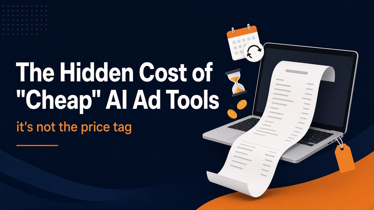 The Hidden Cost of "Cheap" AI Ad Tools, it's not the price tag: a long receipt spills out of a laptop next to a calendar and an hourglass.