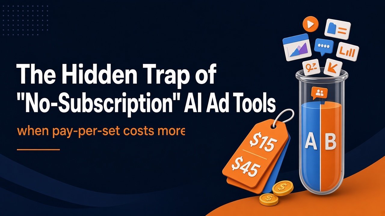 The Hidden Trap of "No-Subscription" AI Ad Tools, when pay-per-set costs more: $15 and $45 price tags next to an A/B test tube full of ad variations.
