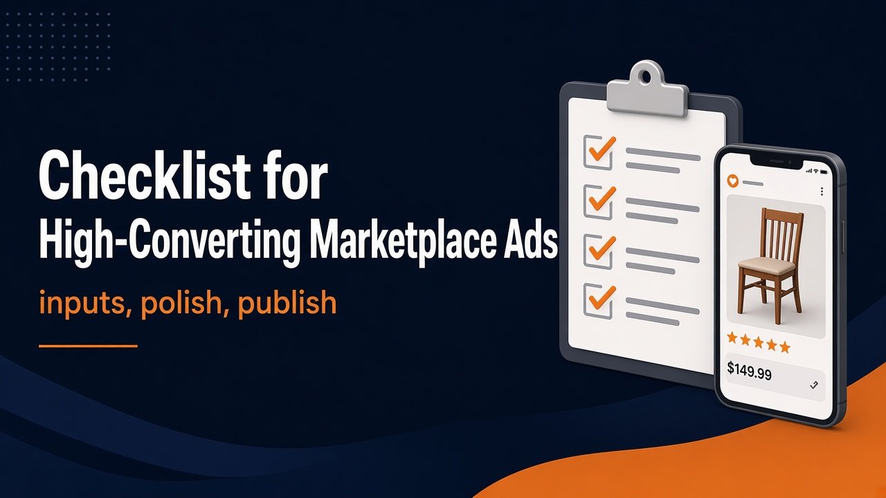 Checklist for High-Converting Marketplace Ads, inputs, polish, publish: a clipboard checklist next to a phone showing a chair listing.