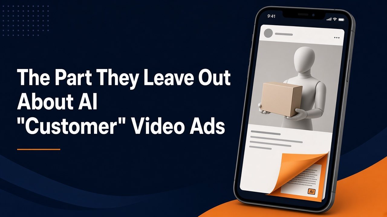 The Part They Leave Out About AI "Customer" Video Ads: a phone shows a faceless mannequin holding a box, with the corner of the screen peeled back.