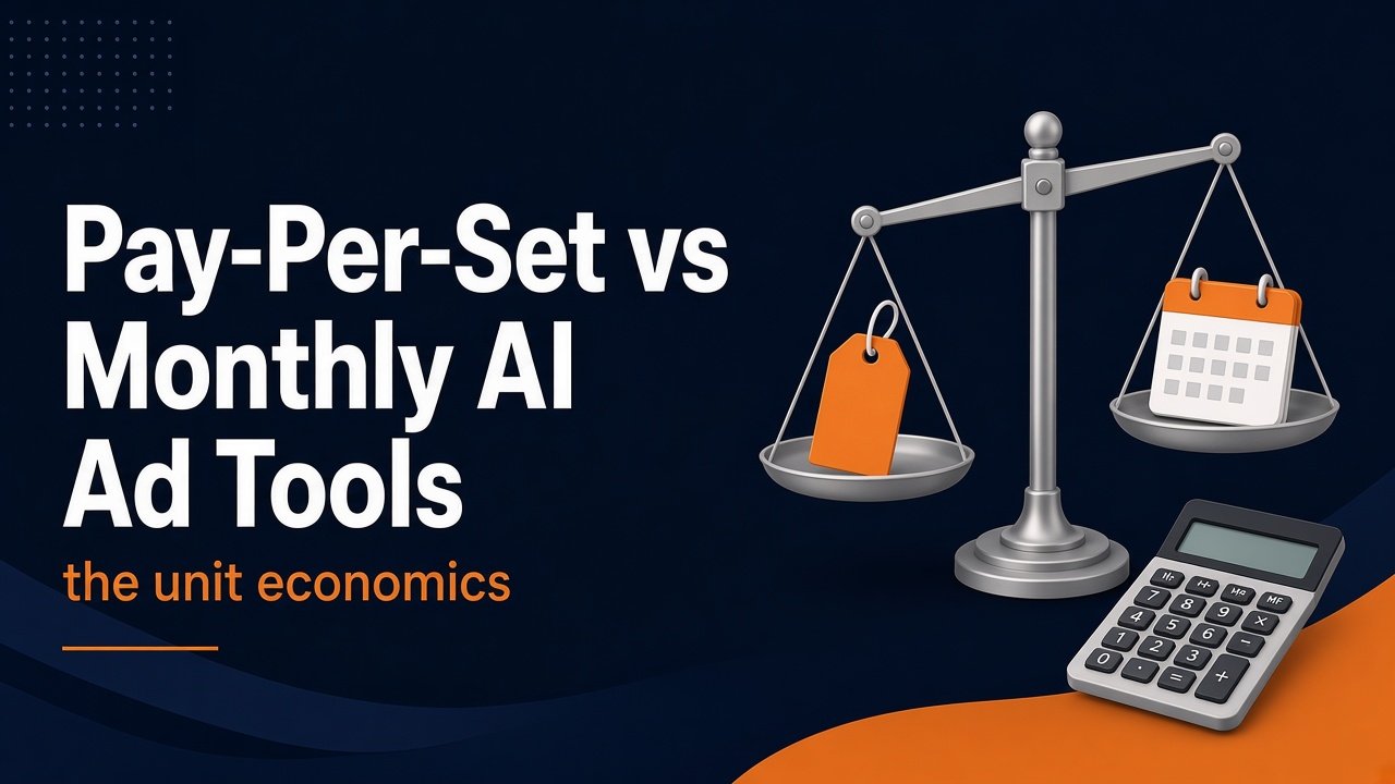 Pay-Per-Set vs Monthly AI Ad Tools, the unit economics: a balance scale weighs a price tag against a monthly calendar, next to a calculator.