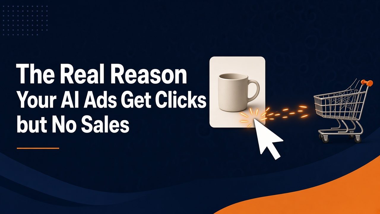 The Real Reason Your AI Ads Get Clicks but No Sales: a cursor clicks a mug ad, but the trail stops short of a shopping cart.