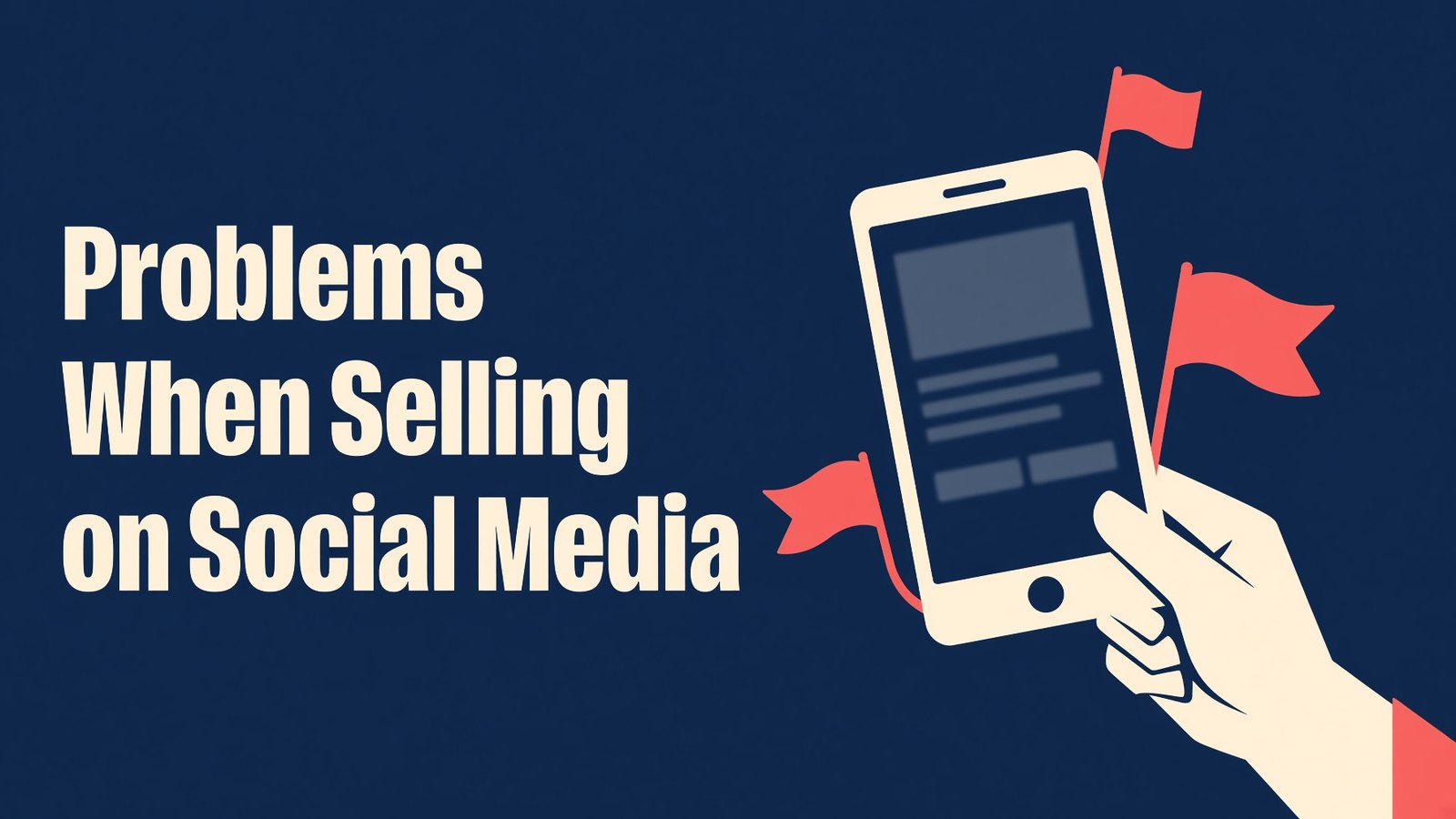 Illustration of a hand holding a phone surrounded by red flags, next to the words Problems When Selling on Social Media.