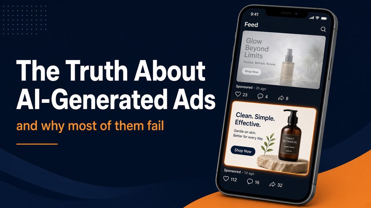 The Truth About AI-Generated Ads, and why most of them fail: a phone feed comparing a generic AI ad with a clear product ad.