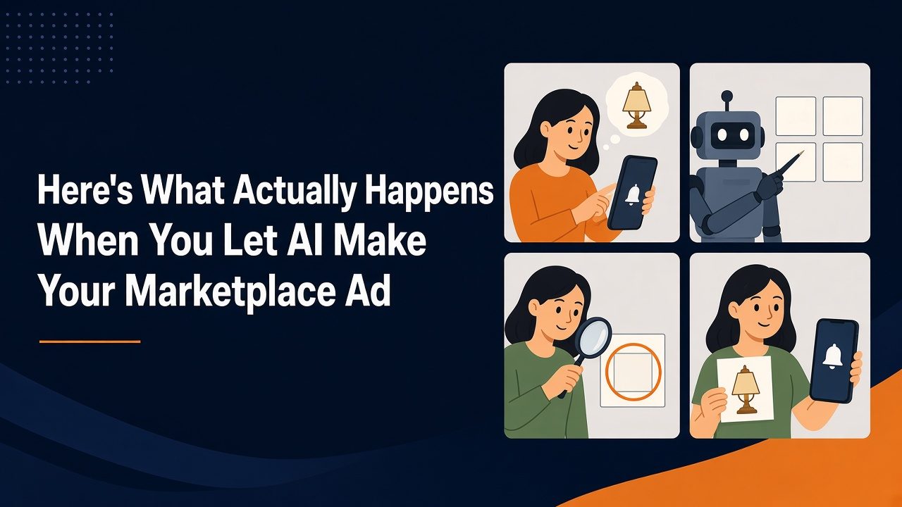 Here's What Actually Happens When You Let AI Make Your Marketplace Ad: four panels of a seller photographing a lamp, AI making layouts, checking and posting.