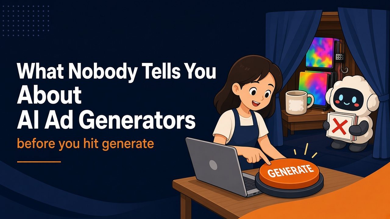 What Nobody Tells You About AI Ad Generators, before you hit generate: a seller presses a big Generate button while a robot holds up a red X.